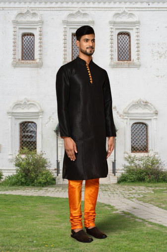 Black art silk solid kurta churidar for men's indian traditional ethnic wear
