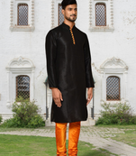 Black art silk solid kurta churidar for men's indian traditional ethnic wear