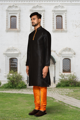 Black art silk solid kurta churidar for men's indian traditional ethnic wear 2