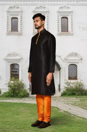 Black art silk solid kurta churidar for men's indian traditional ethnic wear