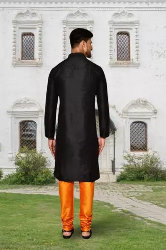 Black art silk solid kurta churidar for men's indian traditional ethnic wear