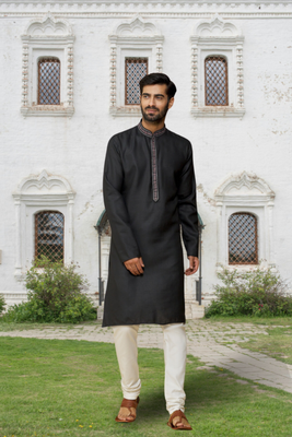 Black cotton silk embroidered kurta pyjamas for men's indian traditional ethnic wear 2