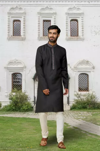 Black cotton silk embroidered kurta pyjamas for men's indian traditional ethnic wear