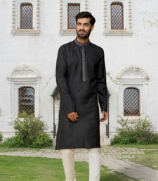 Black cotton silk embroidered kurta pyjamas for men's indian traditional ethnic wear