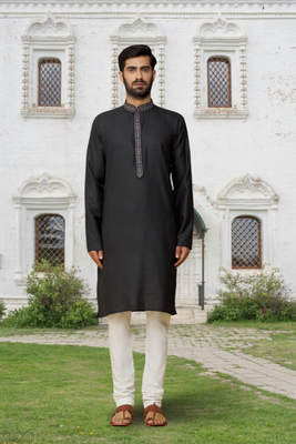 Black cotton silk embroidered kurta pyjamas for men's indian traditional ethnic wear 1