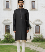 Black cotton silk embroidered kurta pyjamas for men's indian traditional ethnic wear