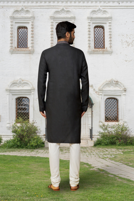 Black cotton silk embroidered kurta pyjamas for men's indian traditional ethnic wear 3
