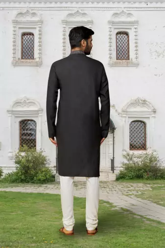 Black cotton silk embroidered kurta pyjamas for men's indian traditional ethnic wear