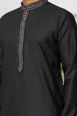 Black cotton silk embroidered kurta pyjamas for men's indian traditional ethnic wear 4