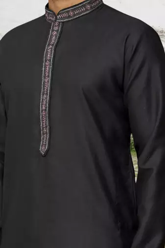 Black cotton silk embroidered kurta pyjamas for men's indian traditional ethnic wear
