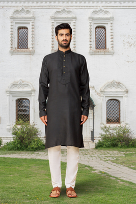 Black art silk solid kurta pyjamas for men's indian traditional ethnic wear 1