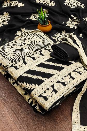Manvaa women's black unstitched embroidered georgette dressaterial 