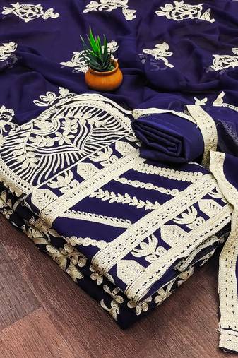 Manvaa women's blue unstitched embroidered georgette dressaterial 