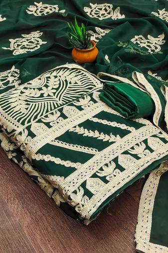 Manvaa women's green unstitched embroidered georgette dressaterial 