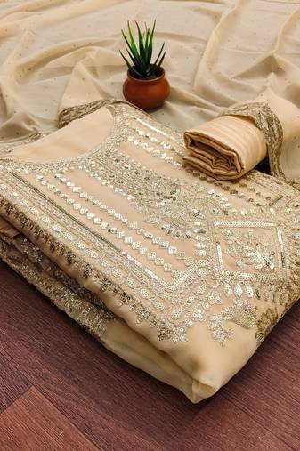 Manvaa women's beige unstitched embroidered georgette dressaterial 
