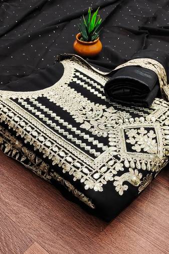 Manvaa women's black unstitched embroidered georgette dressaterial 