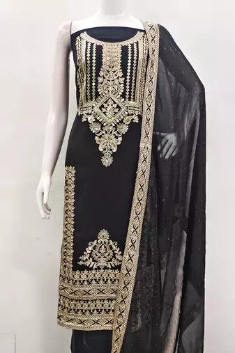 Manvaa women's black embroidered georgette dressaterial