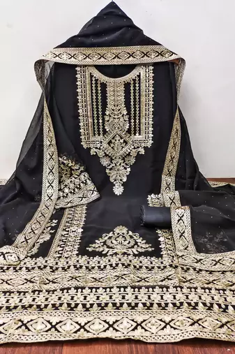 Manvaa women's black embroidered georgette dressaterial