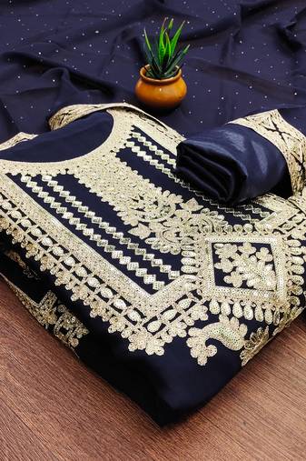 Manvaa women's blue unstitched embroidered georgette dressaterial 