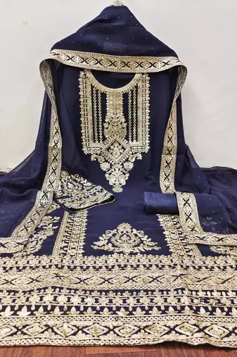 Manvaa women's blue embroidered georgette dressaterial