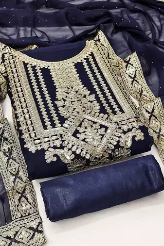 Manvaa women's blue embroidered georgette dressaterial