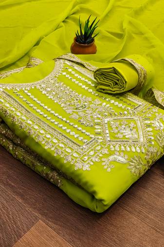 Manvaa women's light green unstitched embroidered georgette dressaterial 