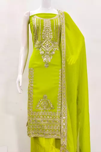 Manvaa women's light green embroidered georgette dressaterial