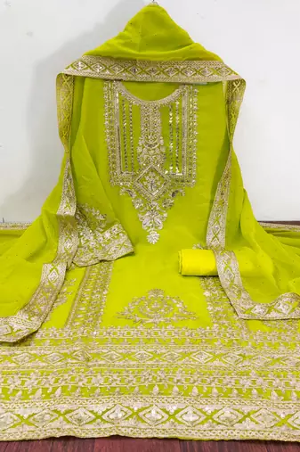 Manvaa women's light green embroidered georgette dressaterial