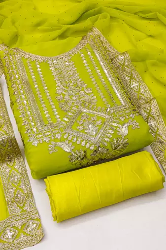 Manvaa women's light green embroidered georgette dressaterial