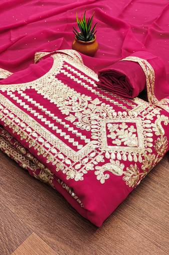 Manvaa women's pink unstitched embroidered georgette dressaterial 
