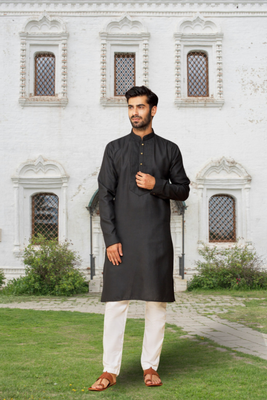 Black art silk solid kurta pyjamas for men's indian traditional ethnic wear 2