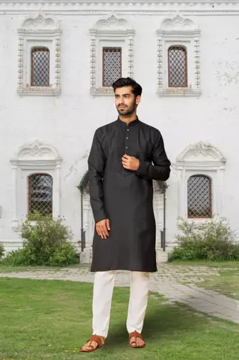 Black art silk solid kurta pyjamas for men's indian traditional ethnic wear
