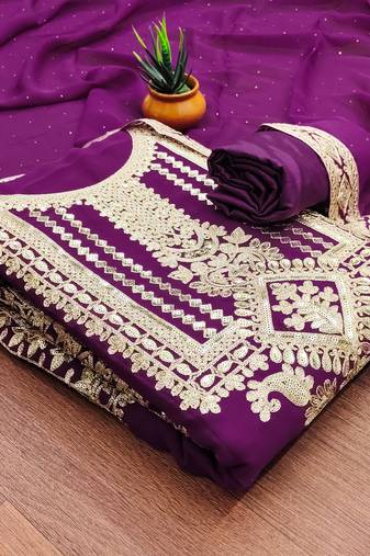 Manvaa women's purple unstitched embroidered georgette dressaterial 