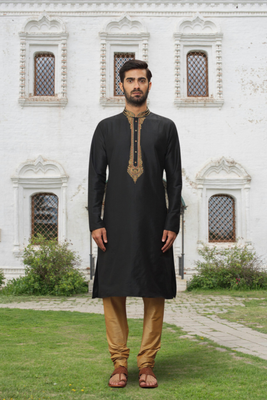 Black art silk embroidered kurta churidar for men's indian traditional ethnic wear 1
