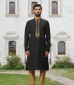 Black art silk embroidered kurta churidar for men's indian traditional ethnic wear