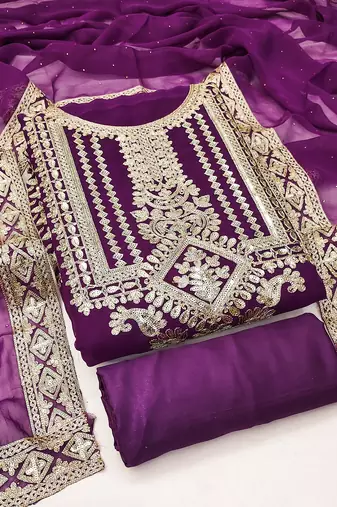 Manvaa women's purple embroidered georgette dressaterial