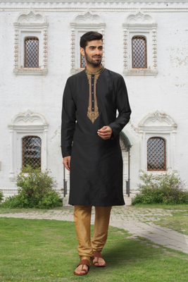 Black art silk embroidered kurta churidar for men's indian traditional ethnic wear 2
