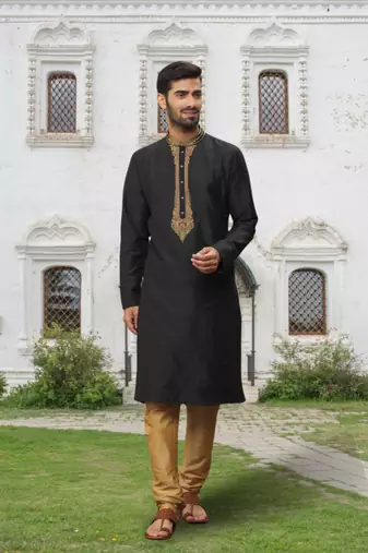 Black art silk embroidered kurta churidar for men's indian traditional ethnic wear