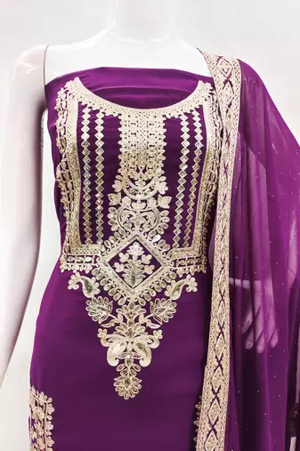 Manvaa women's purple embroidered georgette dressaterial