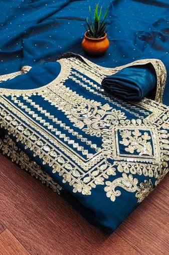Manvaa women's teal blue unstitched embroidered georgette dressaterial 