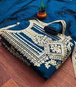 Manvaa women's teal blue unstitched embroidered georgette dressaterial