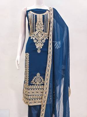 Manvaa women's teal blue embroidered georgette dressaterial 2