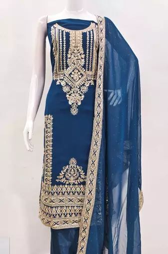 Manvaa women's teal blue embroidered georgette dressaterial
