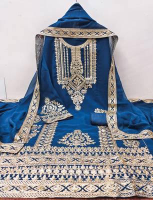 Manvaa women's teal blue embroidered georgette dressaterial 3