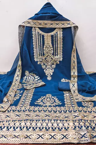 Manvaa women's teal blue embroidered georgette dressaterial