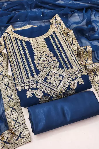Manvaa women's teal blue embroidered georgette dressaterial