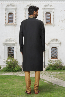 Black art silk embroidered kurta churidar for men's indian traditional ethnic wear 3