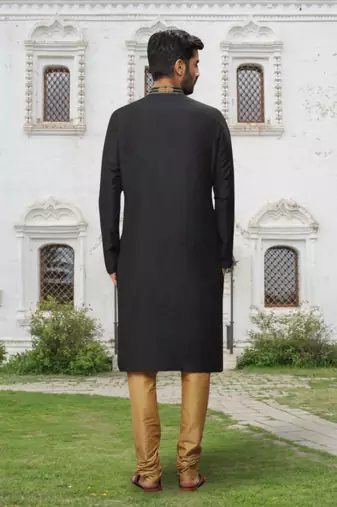 Black art silk embroidered kurta churidar for men's indian traditional ethnic wear