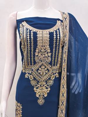 Manvaa women's teal blue embroidered georgette dressaterial 5