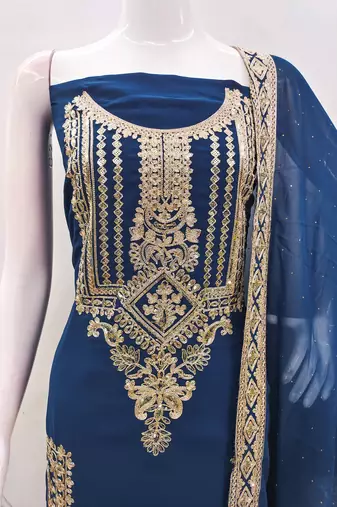 Manvaa women's teal blue embroidered georgette dressaterial